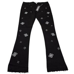 Pheelings Star Crossed Stacked Denim Jeans Flare Mens Size 40 Black Sequins